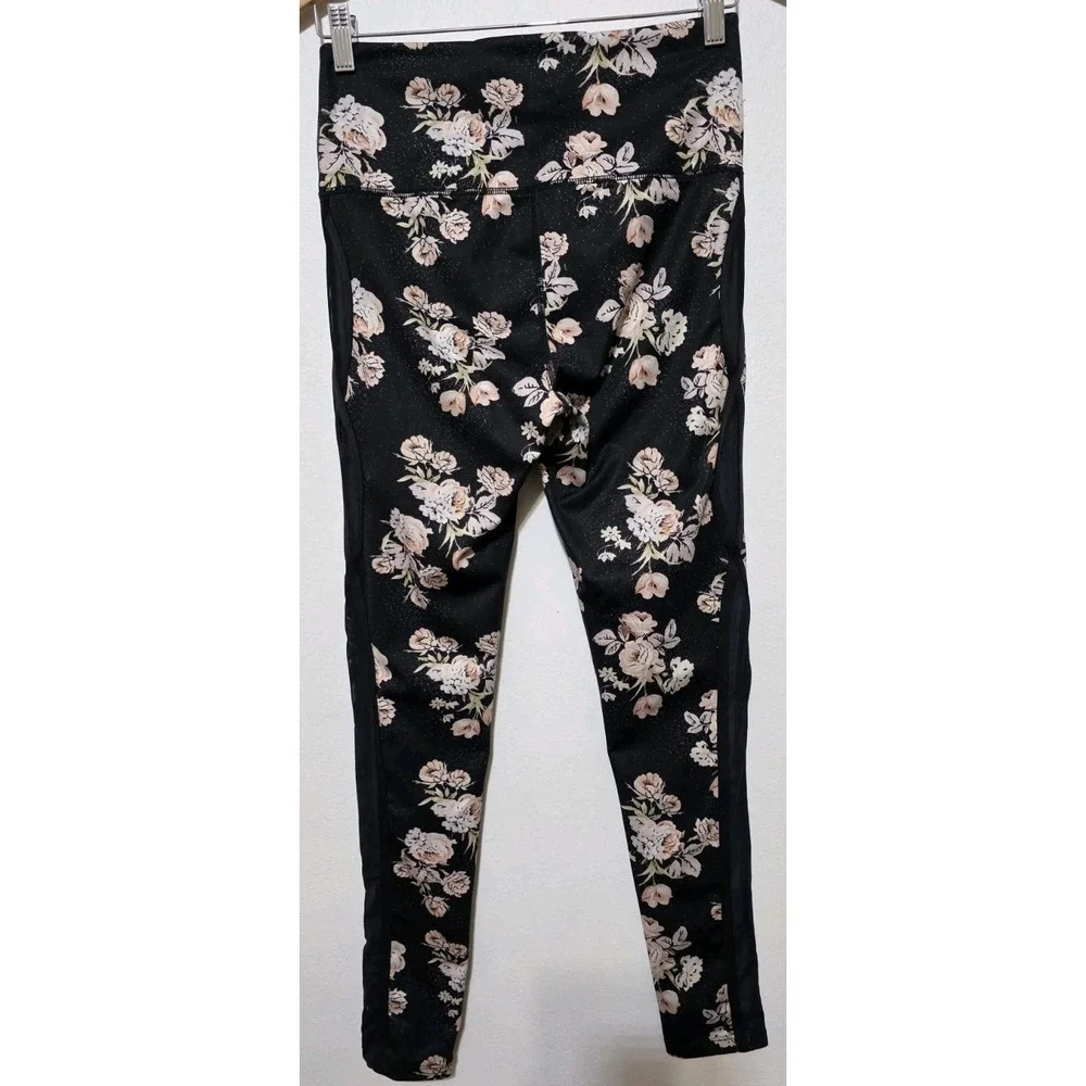 NEW Free People Liza Floral High Rise‎ Active Pants Legging SzS Black Mesh Side